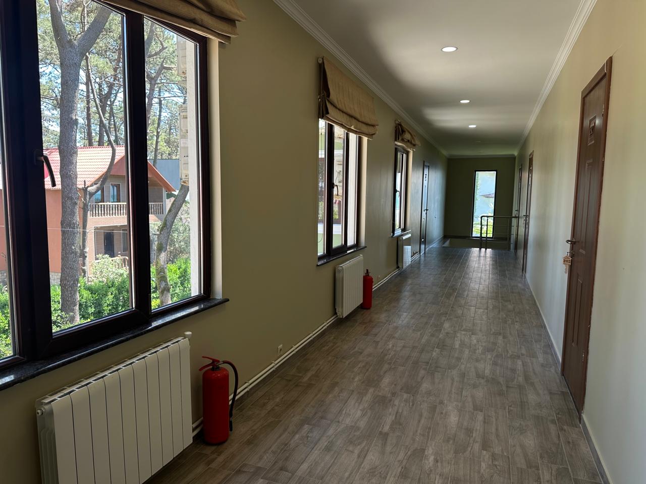 Guest corridor with pine forest windows